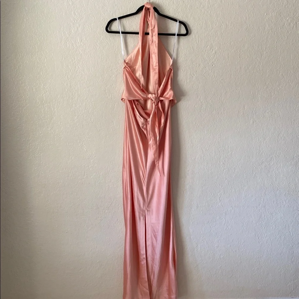 Retrofete Ester Satin Maxi Gown Size L Cantaloupe Peach Halter Dress Party Event